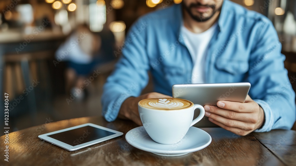 Man Enjoys Coffee While Using Tablet in Café Setting Man Enjoys Coffee While Using Tablet in Café Setting