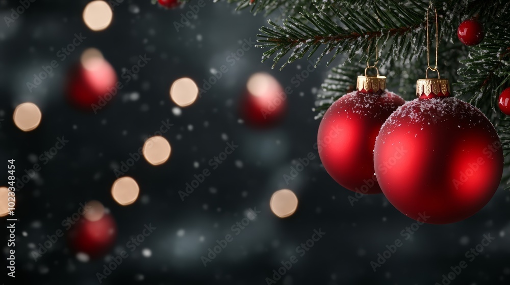Deep red and gold Christmas ornaments hanging from dark, snow-dusted branches against a dimly lit backdrop with space for text Deep red and gold Christmas ornaments hanging from dark, snow-dusted branches against a dimly lit backdrop with space for text