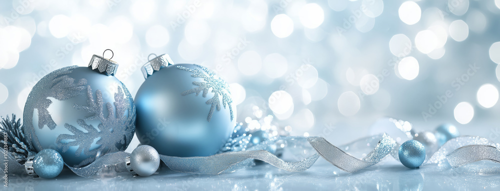Shiny silver background with glitter and bokeh lights, two blue Christmas ornaments decorated with snowflakes. Winter theme for festive design or holiday cards with copy space on the right side. Shiny silver background with glitter and bokeh lights, two blue Christmas ornaments decorated with snowflakes. Winter theme for festive design or holiday cards with copy space on the right side.