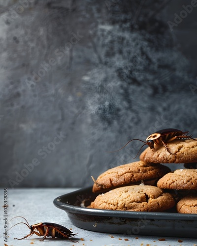 Crawling Cockroach on Freshly Baked Cookies Creating a Stark Contrast of Comfort and Repulsion