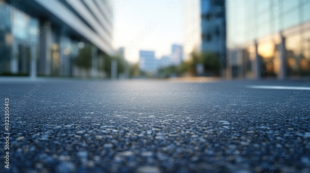 A low-angle view of a smooth asphalt road lined by modern buildings and a clear sky. A low-angle view of a smooth asphalt road lined by modern buildings and a clear sky.