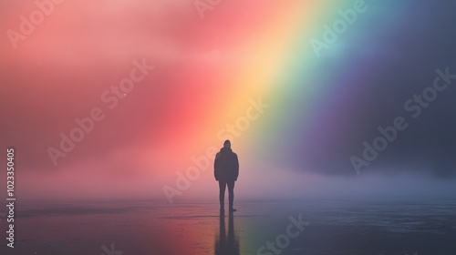 A lone figure stands beneath a vibrant rainbow in a misty landscape.