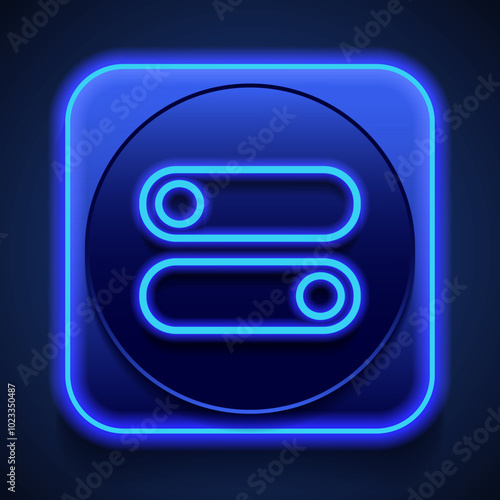 On off, switch simple icon. Flat design. Blue neon style on button. With shadow
