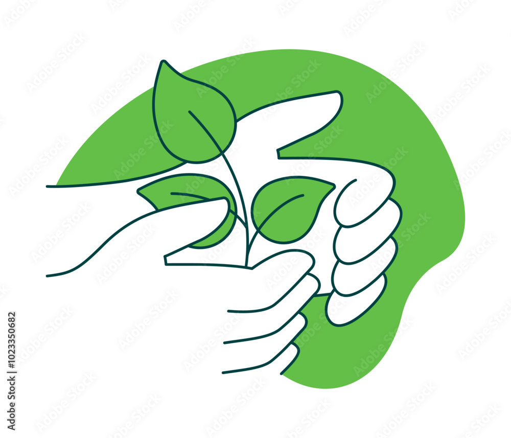 Nature Care logo - plant in hands in thin line and green background Nature Care logo - plant in hands in thin line and green background