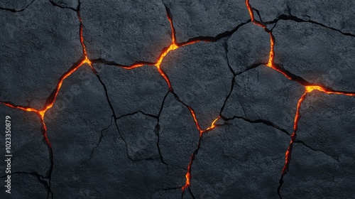 Fiery lava stone texture with dark black cracked surfaces and molten orange veins glowing from the center, isolated on a plain background 