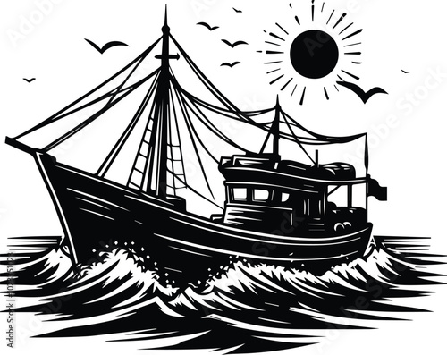 Vector illustration of a fishing boat surrounded by seagulls, capturing a serene maritime scene