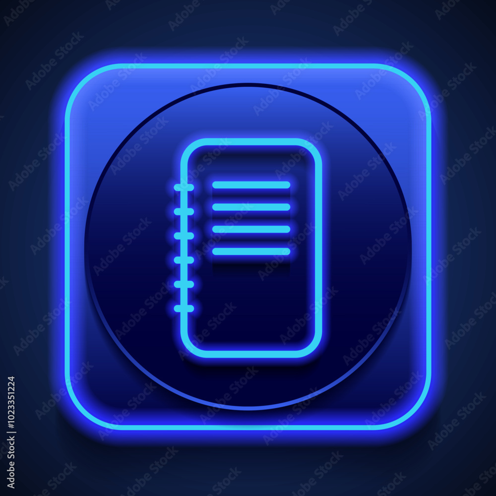 Notepad simple icon vector. Flat design. Blue neon style on button. With shadow