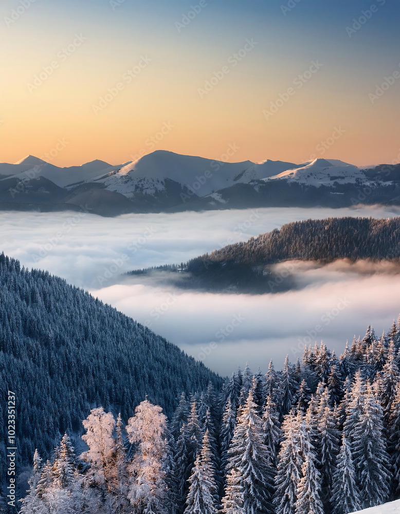 Obraz premium Aerial view of a fantastic winter landscape glowing by sunlight. Dramatic wintry scene.