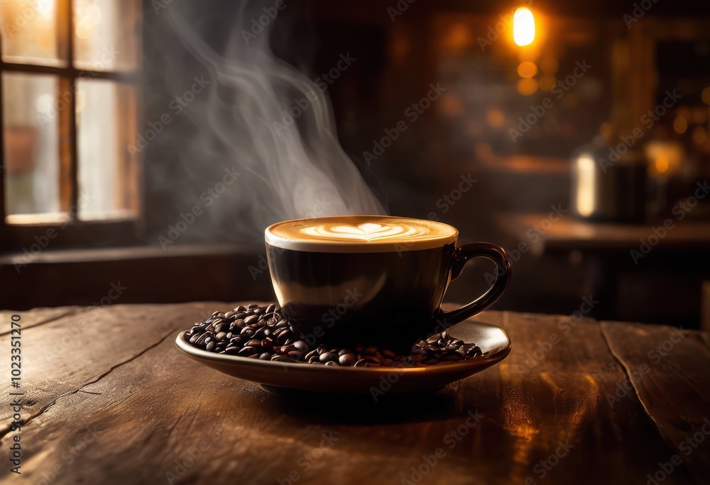 Fototapeta premium freshly steaming coffee cup surrounded rich coffee beans cozy setting, barista, brew, brown, beverage, ceramic, closeup, creamy, design, detail, drink