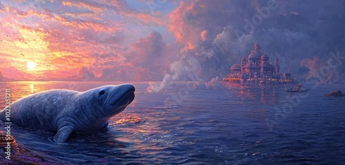 A serene scene featuring a beluga whale near an enchanting sunset and mystical architecture on the water's edge. photo