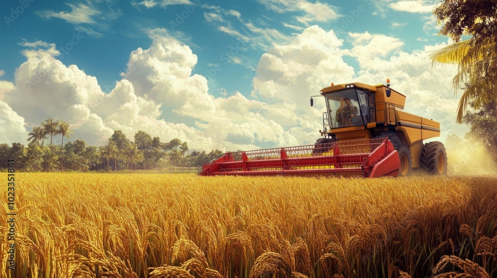 Obraz premium A rural scene showcasing a modern combine harvester at work in a rice field during the harvest season. Perfect for farming technology, rural economy, and food supply chains. 