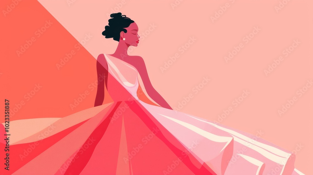 A woman in a pink dress is standing in front of a red background A woman in a pink dress is standing in front of a red background