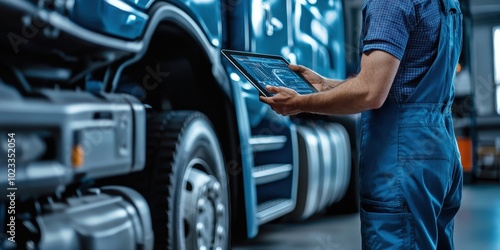 Mechanic Inspecting Semi-Truck with Tablet
