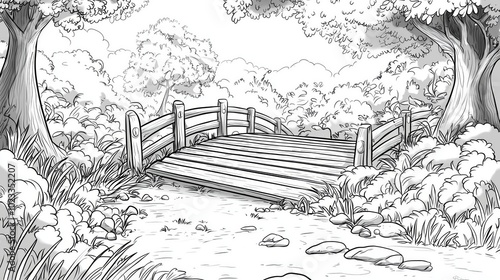 A coloring page of Magical Bridge with Enchanted Creatures and Nature