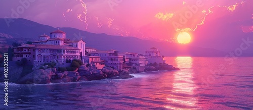 Breathtaking sunset over a picturesque coastal village nestled between towering mountains and a serene glimmering sea  The village s vibrant