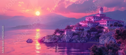 Breathtaking sunset over a picturesque coastal town nestled along the Mediterranean Sea featuring charming Mediterranean style architecture serene waters and a majestic mountainous backdrop
