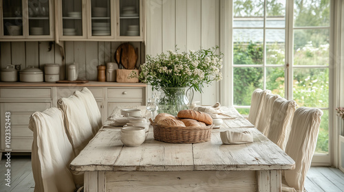 A cozy country kitchen with a wooden table, white chairs, bread basket, and flowers, surrounded by large windows and cabinets.