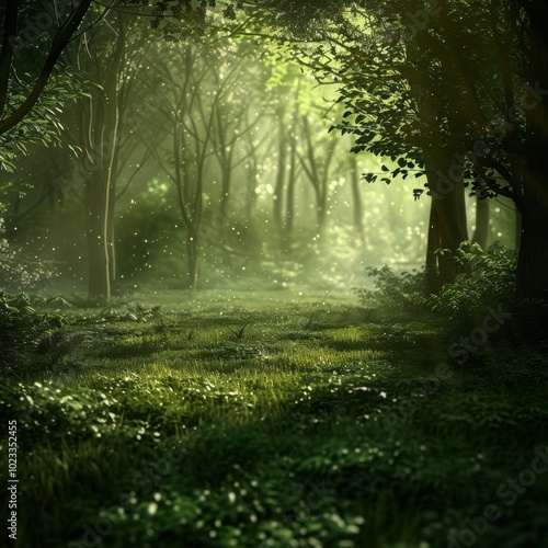 A forest scene with a bright sun shining through the trees