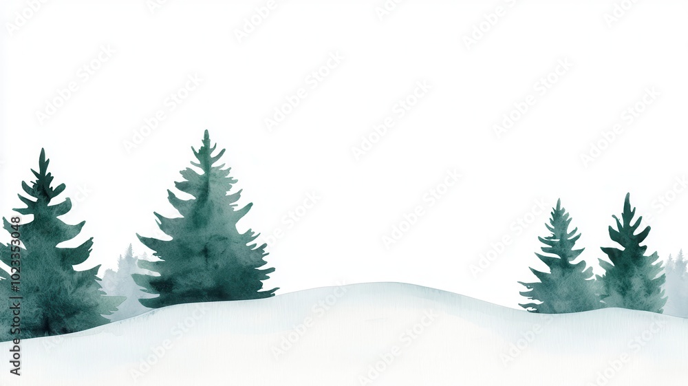Obraz premium A serene watercolor landscape featuring evergreen trees set against a minimalistic, white background, evoking winter tranquility.