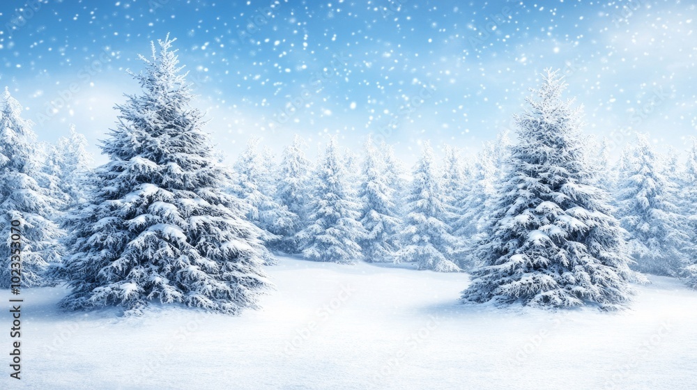 Fototapeta premium Beautiful snow-covered pine trees in a peaceful winter landscape. Ideal for seasonal, holiday, or outdoor adventure themes. 