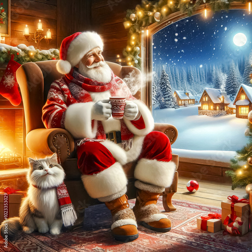 Santa sits in a chair by the fireplace with a cup of tea in his hands, Christmas setting, Christmas gifts and decorations