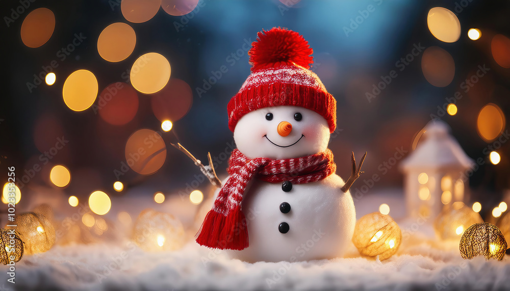 Christmas snowman with red scarf and hat with bokeh background. Christmas and New Year concept. Christmas snowman with red scarf and hat with bokeh background. Christmas and New Year concept.