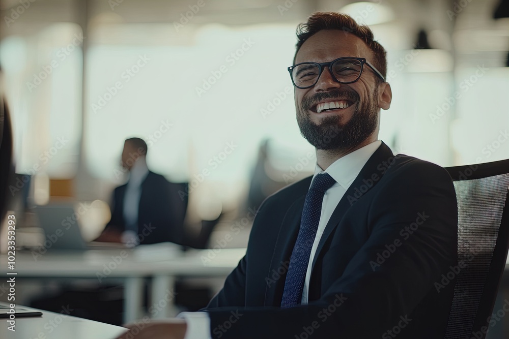 Fototapeta premium A Smiling Businessman Enjoying Success in a Modern Office During a Productive Day of Work With Colleagues in the Background