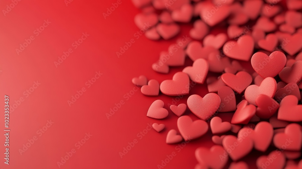 Heart confetti falling gently on a soft red background with a clear, light area in the middle for Valentine's text Heart confetti falling gently on a soft red background with a clear, light area in the middle for Valentine's text