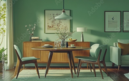 Mid-century modern living room interior highlighting a round wooden dining table with mint chairs.