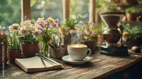 Cozy Workspace with Coffee and Flowers