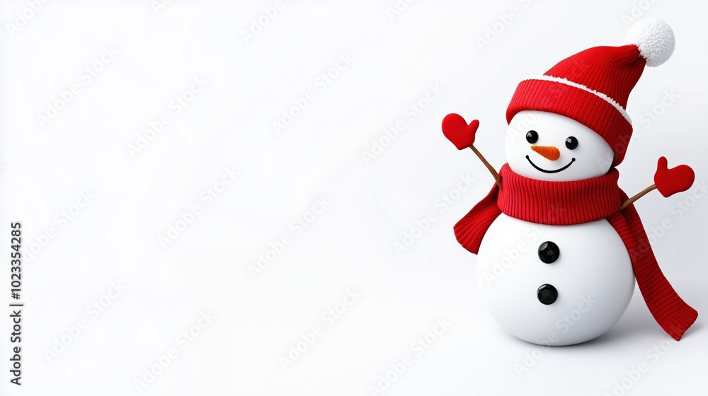 Cheerful Snowman in Red Scarf and Hat on White Background Cheerful Snowman in Red Scarf and Hat on White Background