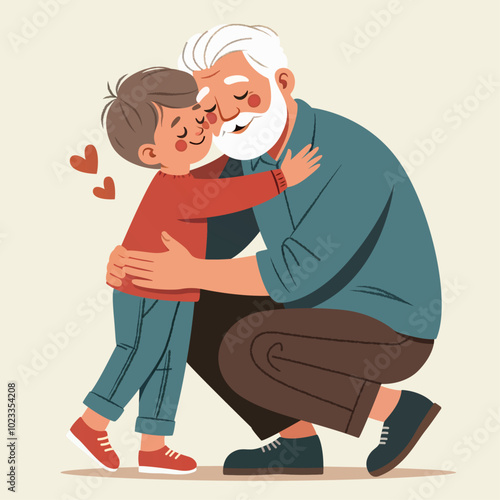 A little boy warmly hugs his white-haired grandfather