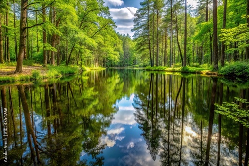 High angle natural pond reflection of trees water background wood ambience nature scenario wallpaper