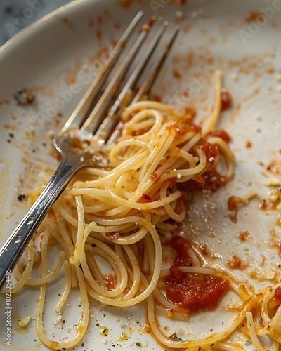 Close up of a Dirty Plate with Dried Pasta Sauce and a Resting Fork Capturing the Remnants of a Satisfying Meal photo