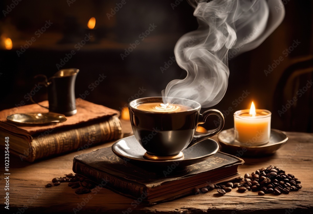 Fototapeta premium steam billowing gracefully from freshly poured hot coffee cup surrounded cozy table decor, aroma, beverage, brown, cafe, caffeine, closeup, cups, design