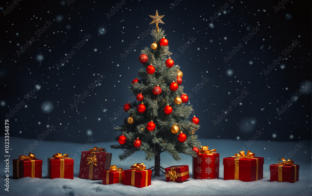 Obraz premium Christmas tree with gifts and falling snowflakes against dark blue background