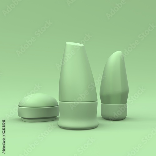 Blank templates of roll on antiperspirant deodorants. Realistic plastic packages of cosmetic for body hygiene on green background. Modern cover design. 3d illustration.