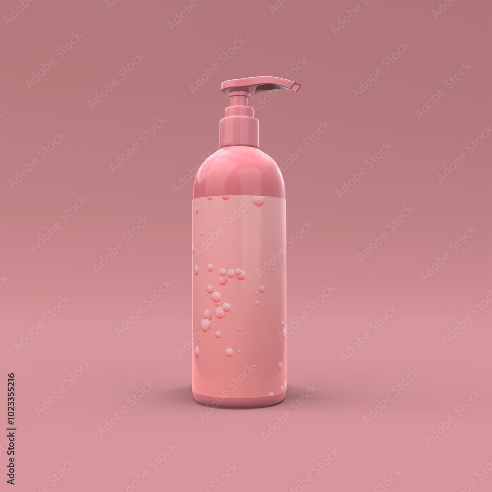Elegant cosmetic bottle with label closeup on pink background. Modern cover design. 3d illustration. Elegant cosmetic bottle with label closeup on pink background. Modern cover design. 3d illustration.