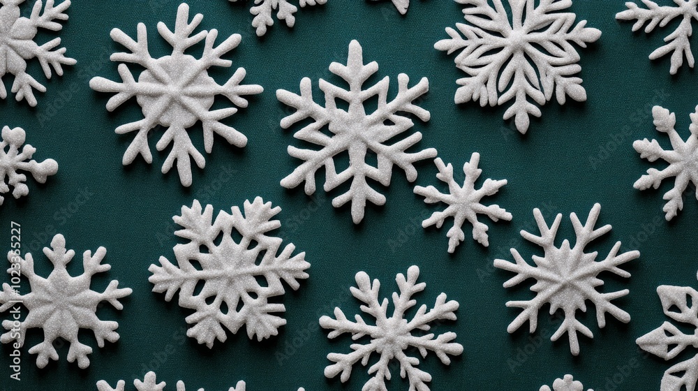 Matte silver snowflakes on a deep forest green background winter holiday with a rich, opulent aesthetic Matte silver snowflakes on a deep forest green background winter holiday with a rich, opulent aesthetic