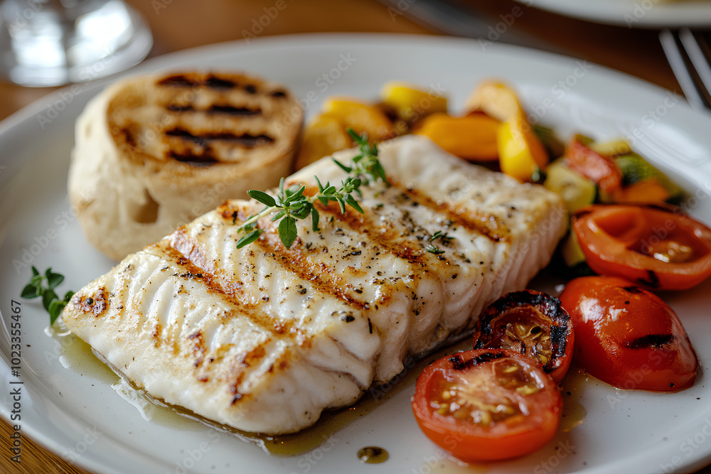 Diet-friendly Mediterranean meal with grilled fish seasonal vegetables and whole grain bread in modern kitchen setting
Diet-friendly Mediterranean meal with grilled fish seasonal vegetables and whole grain bread in modern kitchen setting