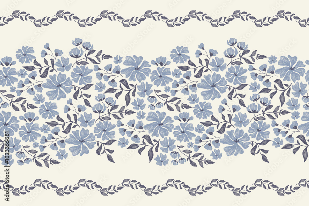 Obraz premium Blue floral pattern minimal Aster flowers seamless wallpaper background border vintage design Europe tapestry motifs style. Embroidery ikat textured vector illustration hand drawn.