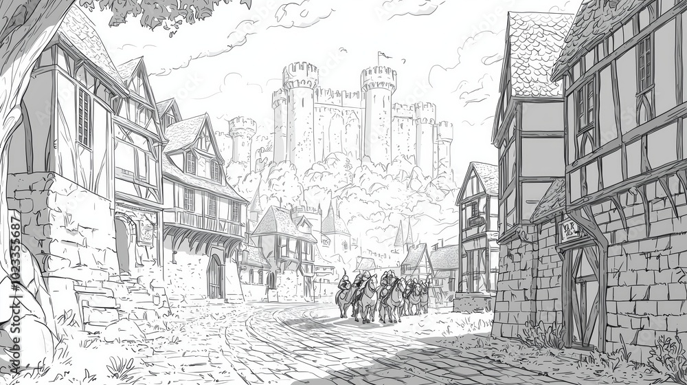 A coloring page of Medieval Town Scene with Castle in Background A coloring page of Medieval Town Scene with Castle in Background