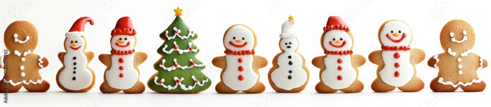 Decorated Gingerbread Cookies in a Row, Including a Christmas Tree, Snowmen, and Gingerbread People Decorated Gingerbread Cookies in a Row, Including a Christmas Tree, Snowmen, and Gingerbread People