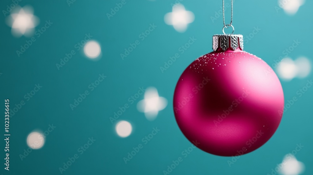 Fototapeta premium Neon pink Christmas ornaments hanging on a cyan-blue background with white snowflakes and glowing accents festive winter holiday aesthetic