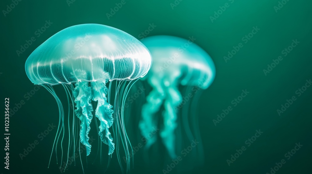 Neon jellyfish floating over a gradient of silver and midnight green representing the flow of time Neon jellyfish floating over a gradient of silver and midnight green representing the flow of time