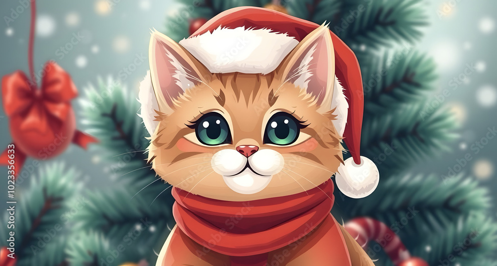 Obraz premium Kitten in Santa hat on the background of Christmas tree. Cartoon illustration. Festive mood of New Year and Christmas. Winter holiday concept with cat.