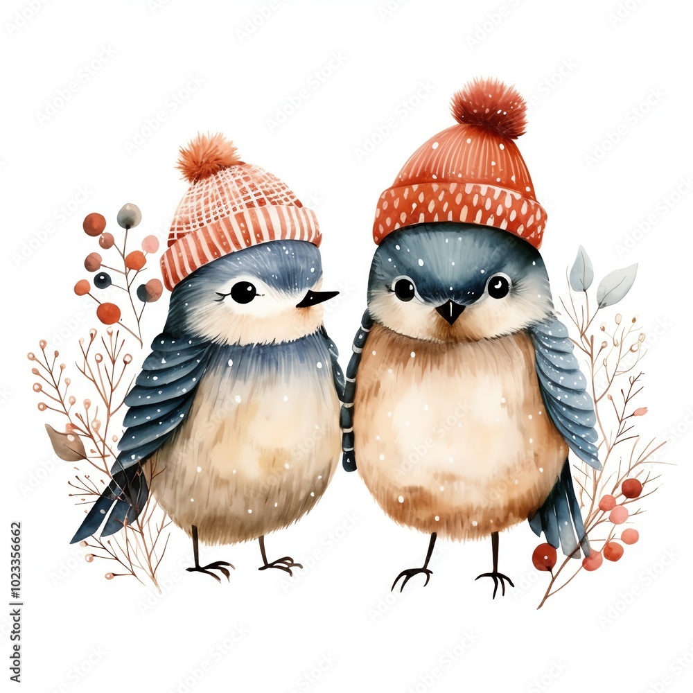 Fototapeta premium Adorable birds wearing winter hats surrounded by nature, perfect for festive and seasonal themes in illustrations or decor.