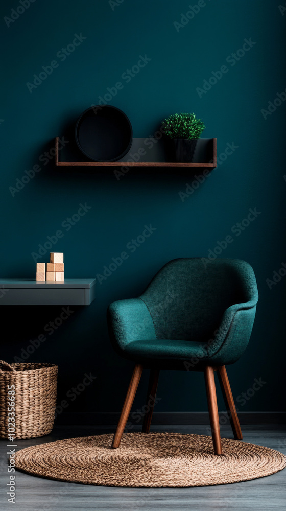 Obraz premium Teal armchair in a modern living room with a wooden shelf and a jute rug.