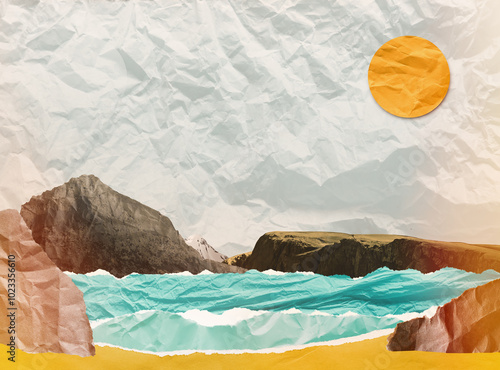 Surreal creative collage illustration made of torn and wrinkled pieces. Seascape with sand shore, water, rock cliffs. Cut out fragments with non-digital analog effect.