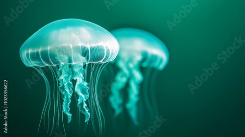 Neon jellyfish floating over a gradient of silver and midnight green representing the flow of time  photo